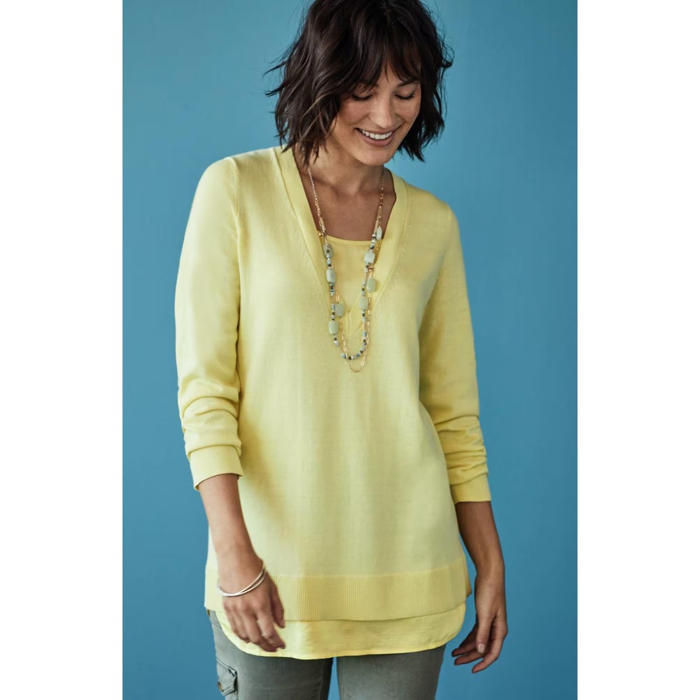J Jill Mixed Media Layered V Neck Sweater XLP Buttercup Long Sleeve‎ Petite